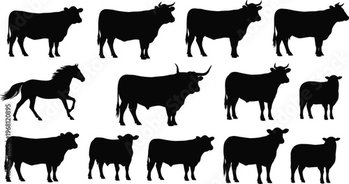 Black silhouettes of farm animals including cows, bulls, sheep, and horse in profile view for livestock design