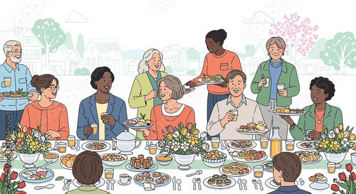 Diverse Family Gathering Enjoying Outdoor Meal with Abundant Food and Flowers