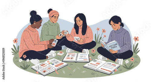 Diverse Friends Crafting Together, Scrapbooking and Journaling Outdoors