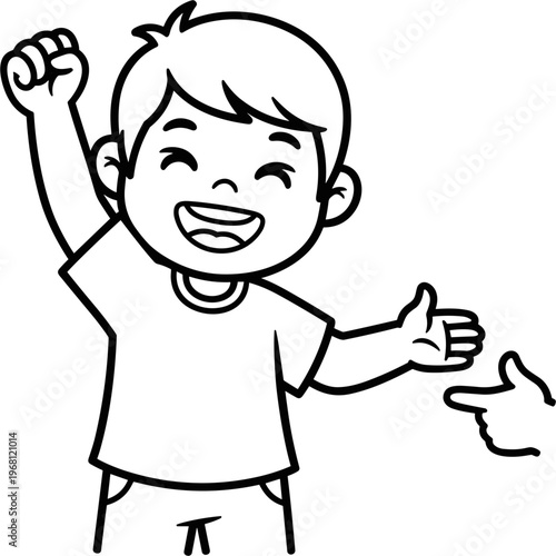 Happy boy with raised arm smiling.