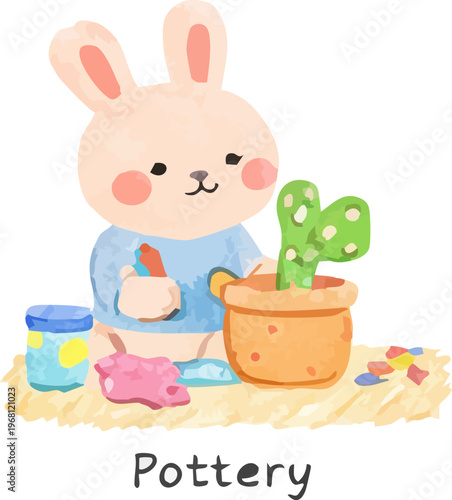 Adorable Easter Bunny engaged in a pottery hobby, featuring a charming hand-drawn crayon texture design in EPS vector format for creative projects.