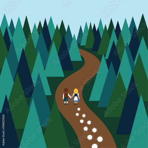 The Breadcrumb Trail: A flat vector illustration showing Hansel and Gretel from a high angle, walking deeper into a dense forest of geometric teal and dark green pine trees. 