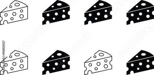 Set of cheese slice icons in flat black and white style isolated dairy food vector illustration collection for menu branding and packaging design
