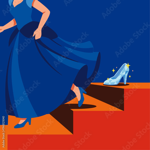 A flat vector illustration depicting only the lower half of Cinderella in a swirling blue ballgown, running down grand, minimalist castle stairs. Behind her, a single, sparkling glass slipper sits on 