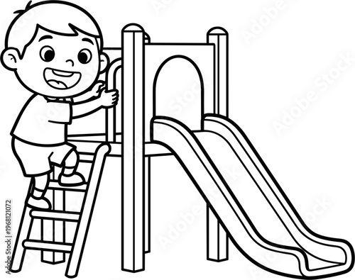 Happy child climbing playground ladder.