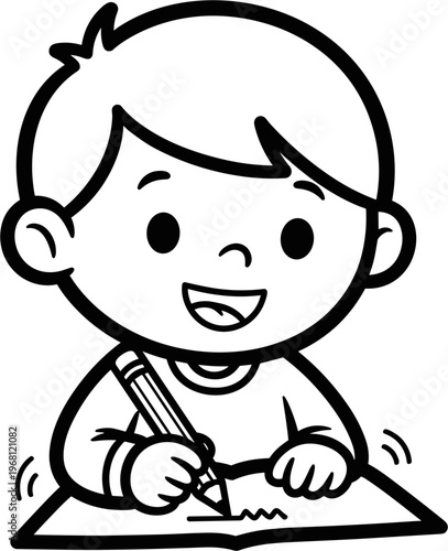 Happy child drawing with pencil.