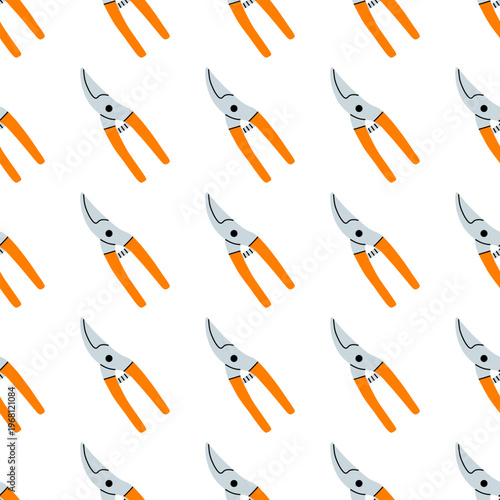 Vector seamless pattern of cute orange handle pruning shears in white background in minimalist flat style. Perfect for gardening theme print and tool decor.