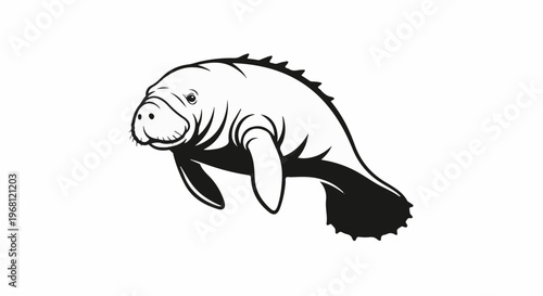 Stylized black and white illustration of a gentle sea mammal swimming