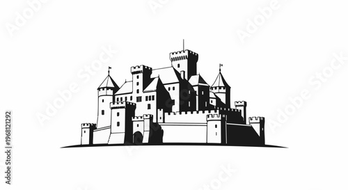 Stylized black and white illustration of a medieval castle with multiple towers and walls