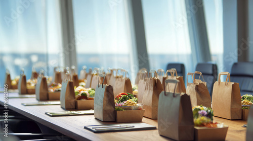 Medium shot of neatly organized lunch catering boxes on executive boardroom table, panoramic office windows, daylight, modern corporate aesthetic creative template