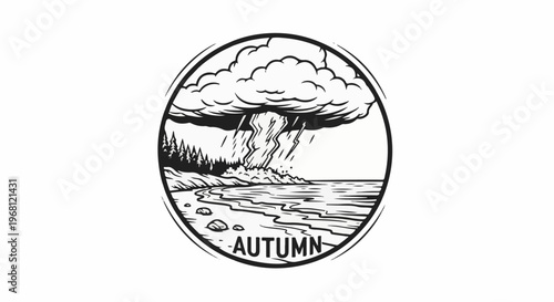 Stormy autumn coast with trees, lightning, and waves