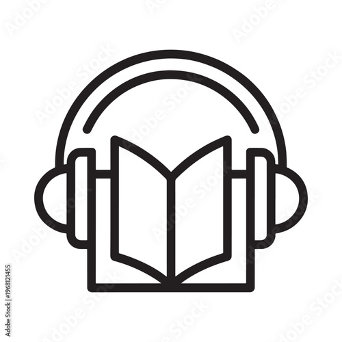 Simple black and white line drawing of headphones and an open book
