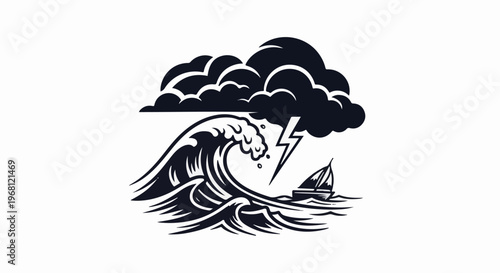 Stormy seas with a powerful wave, lightning, and a small sailboat
