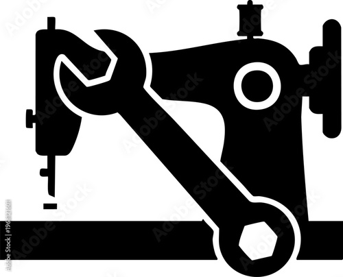 Sewing machine with wrench, industrial concept, tool and equipment, vintage illustration, symbol of repair and creation.