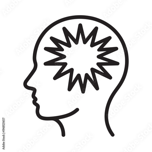 A black outline of a human head with chaotic lines inside representing thought