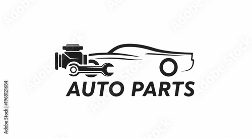 Stylized black silhouette of a car engine, wrench, and vehicle outline