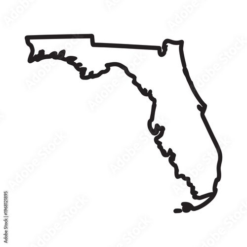 A simple black and white outline drawing depicting the state of florida