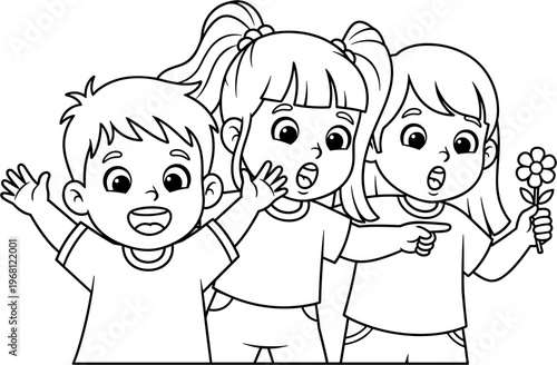 Three children with surprised happy faces.