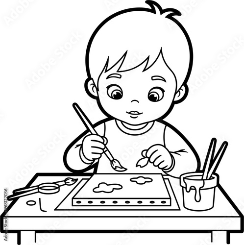 Toddler painting with brush and colors.