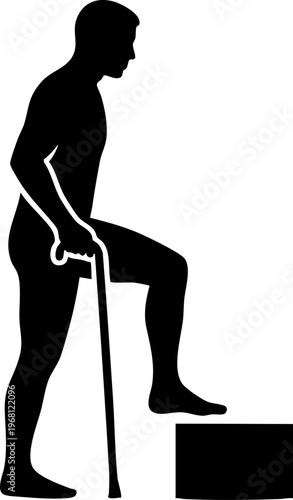 Silhouette of a man with cane walking upstairs on transparent background.