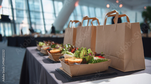 Medium shot of catering delivery packages arranged on event venue table before setup, spacious hall interior, soft daylight, commercial service atmosphere professional background