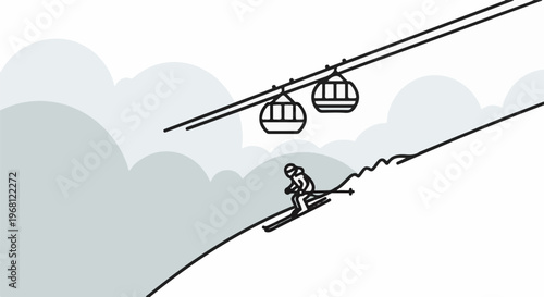 Skiing down a slope with cable cars overhead against a cloudy sky