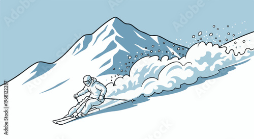 Skier races down snowy mountain, kicking up powder and spray