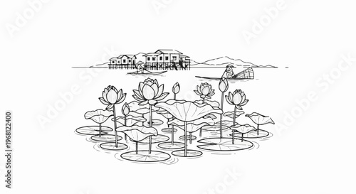 Sketch of lotus pond with stilt houses and boats