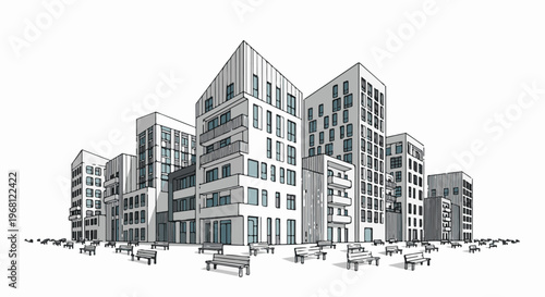 Sketch of modern apartment buildings with benches in foreground
