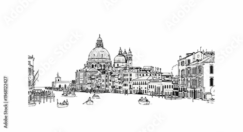 Sketch of Italian city with canals and domed architecture
