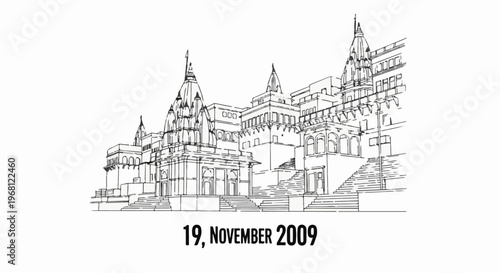 Sketch of ancient temple buildings with stairs leading up to them