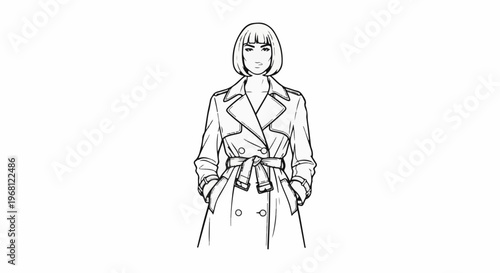 Sketch of a woman wearing a belted trench coat with hands in pockets
