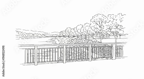 Sketch of a wooden railing overlooking a scenic landscape with trees and a river