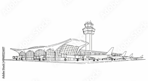 Sketch of a modern airport terminal building with a control tower and several parked airplanes