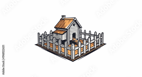 Small wooden chicken coop with a peaked roof and ramp, enclosed by a fence
