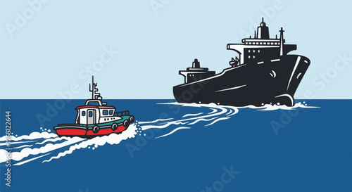 Small tugboat escorts a massive freighter across the deep blue ocean