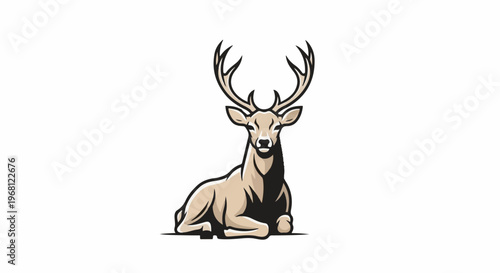 Stylized deer with antlers rests peacefully on a white background