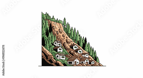Small houses precariously perched on a steep, tree-lined slope