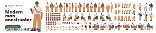 Black man character constructor. Male body parts, elements, animation kit, set with face, arm, leg poses, movements, different positions. Flat vector illustration isolated on white background