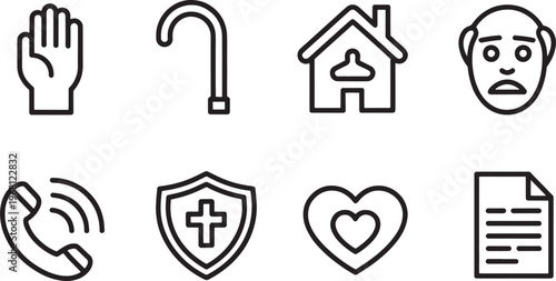 A grouping of icons representing elderly care and well-being, including a hand, cane, house, face, phone, shield, heart, and document, suggesting support and health services.