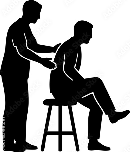 Silhouette of physiotherapist massaging patient shoulder on stool in clinic or spa room.