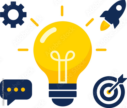 Creative Idea Icon with Lightbulb, Startup Launch, Strategy and Goal Concept