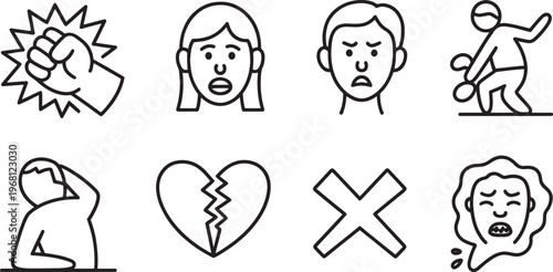 Diverse set of stylized icons visually representing various human emotions, difficult situations, and abstract concepts like success and failure.