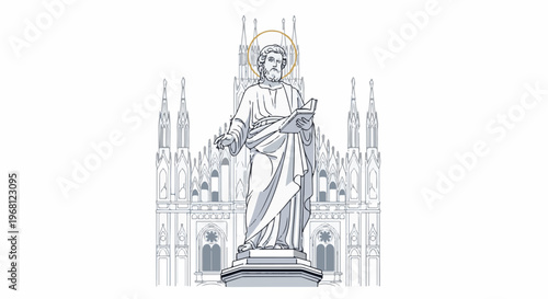 Stylized depiction of a bearded man holding a book, set against an ornate cathedral