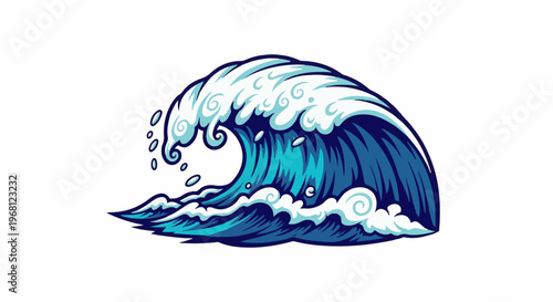 Stylized blue wave crashing with white foam and droplets