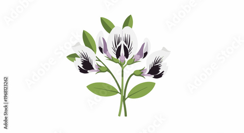 Stylized depiction of a cluster of white and purple pea flowers with green leaves