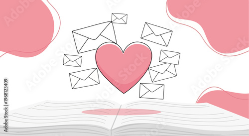 Pink Heart with Envelopes Flying from Open Book, Love Letters Concept