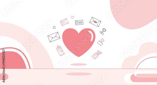 Pink Heart with Envelopes, Stamps, and Seals - Love Message Concept