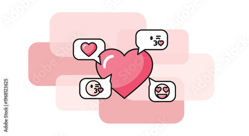 Pink Heart with Social Media Love Icons in Chat Bubbles, Romance Concept
