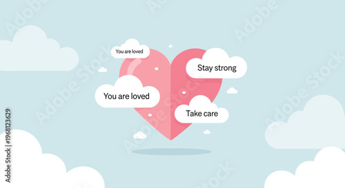 Pink Heart with Supportive Clouds and Messages, Love, Care, Support